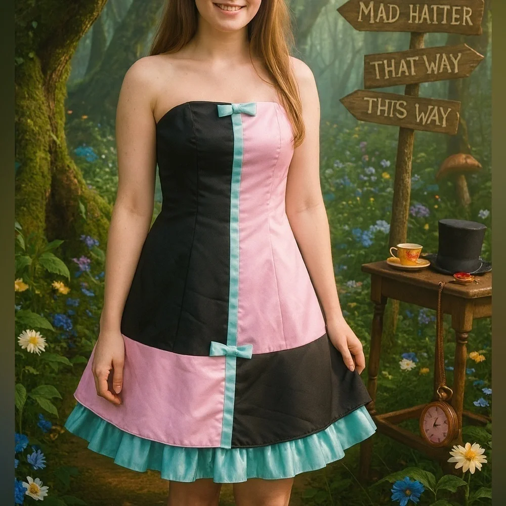 Gunne Sax Vintage Colorblock Black Pink Blue Strapless Alice In Wonderland Dress